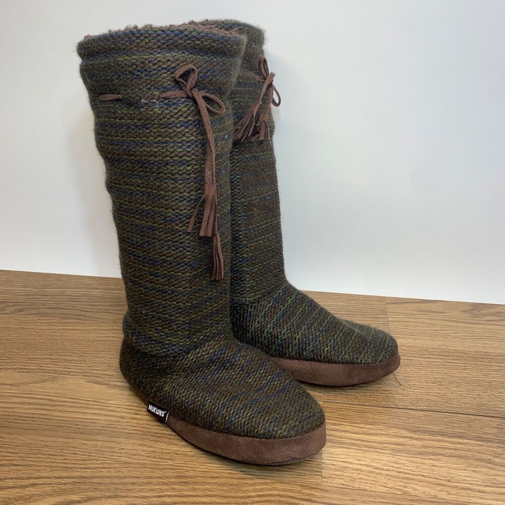 Lukess By Muk Luks Boots Womens 7/8 M Sweater Mid Calf Flats Tie Brown Fabric
